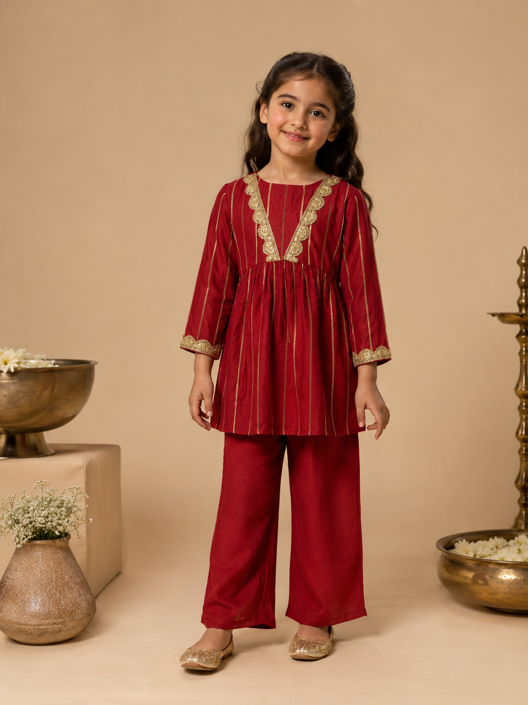 Our Crimson Aura Kurti Set blends tradition and elegance for little girls.