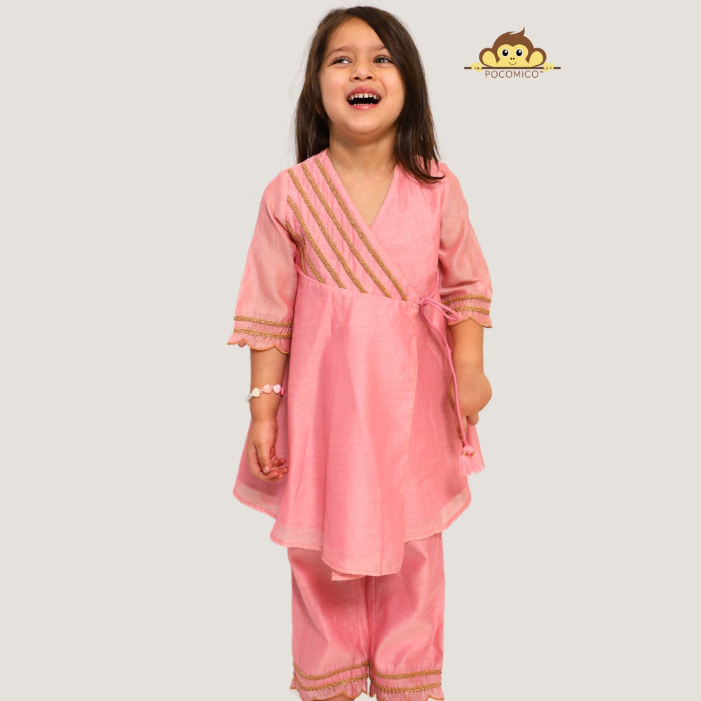 Angrakha+Kurta+LaceDetai+Tassels+paired+Scalloped +Chanderi+Palazzo+festivewear+weddingwear+soft+floral+pajama+cotton+beautiful+comfortable+perfect+pink+POCOMICO

