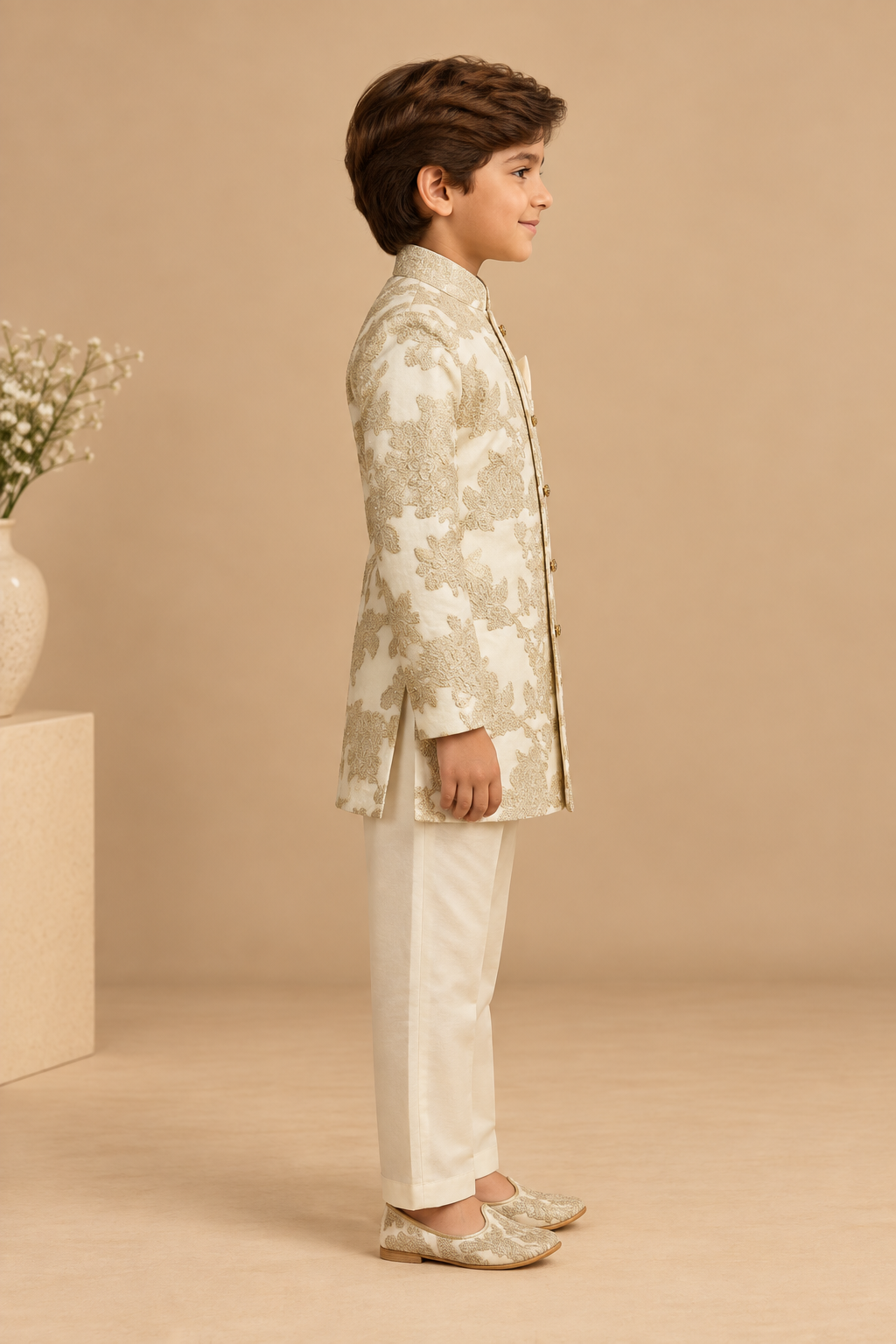 The Gulnaar Brocade Jacket Set is crafted in luxurious Chanderi, featuring an intricate all-over floral and paisley-inspired embroidery in a soft antique-gold tone.