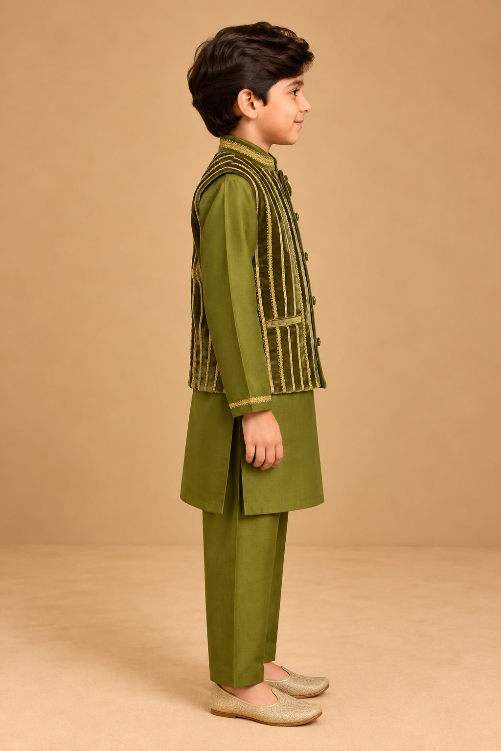The Zaitoon Velvet Jacket Kurta Set pairs a rich olive-green Chanderi kurta with a statement velvet jacket for a look that feels both regal and refined. The jacket features intricate vertical gota and lace detailing, creating a beautifully textured striped effect, while the structured band collar, covered buttons, and welt pockets add a polished traditional touch.