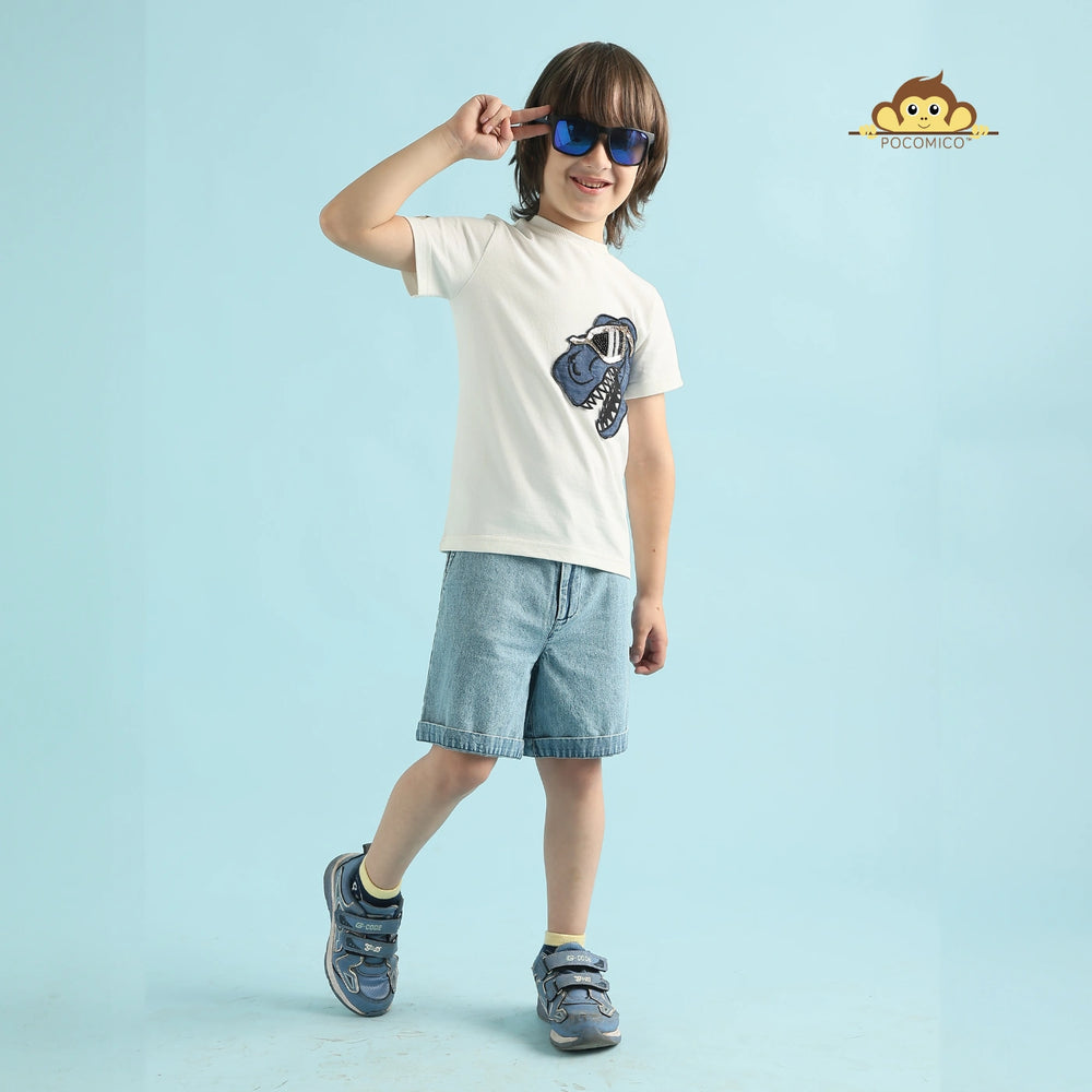 
                  
                    White + t shirt + Dino + casualwear + daily wear + soft + cotton +comfy + round neck + summer+ wear + POCOMICO
                  
                