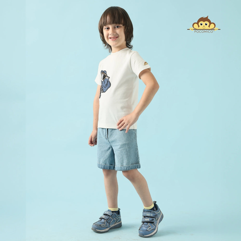
                  
                    White + t shirt + Dino + casualwear + daily wear + soft + cotton +comfy + round neck + summer+ wear + POCOMICO
                  
                