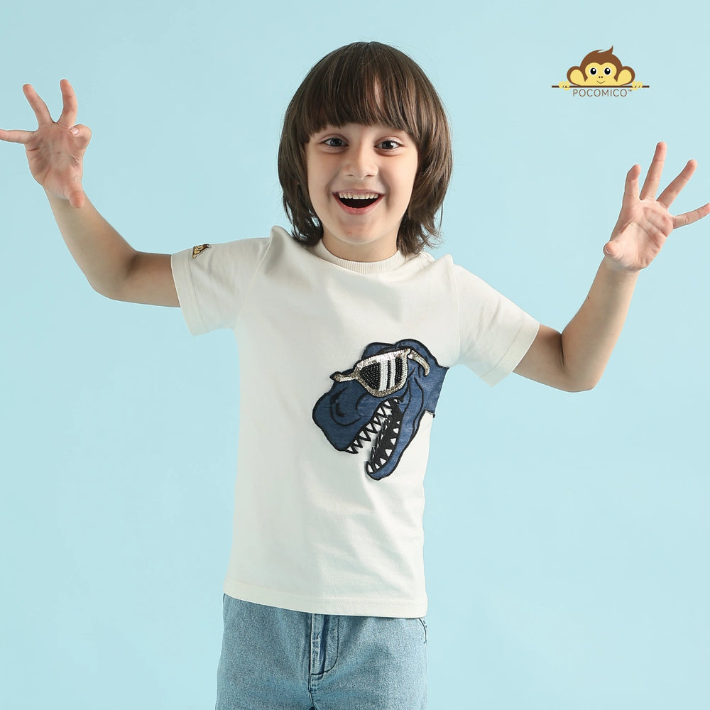 
                  
                    White + t shirt + Dino + casualwear + daily wear + soft + cotton +comfy + round neck + summer+ wear + POCOMICO
                  
                