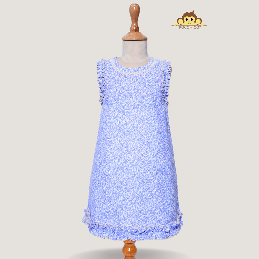 blue +  dress + sleeveless + girl + cotton + pocomico + floral + english + beige + frill + ruffle + party + picnic + simple + casual + fun + kids + soft