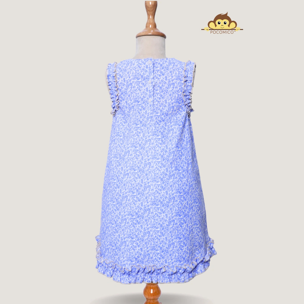 
                  
                    blue +  dress + sleeveless + girl + cotton + pocomico + floral + english + beige + frill + ruffle + party + picnic + simple + casual + fun + kids + soft
                  
                