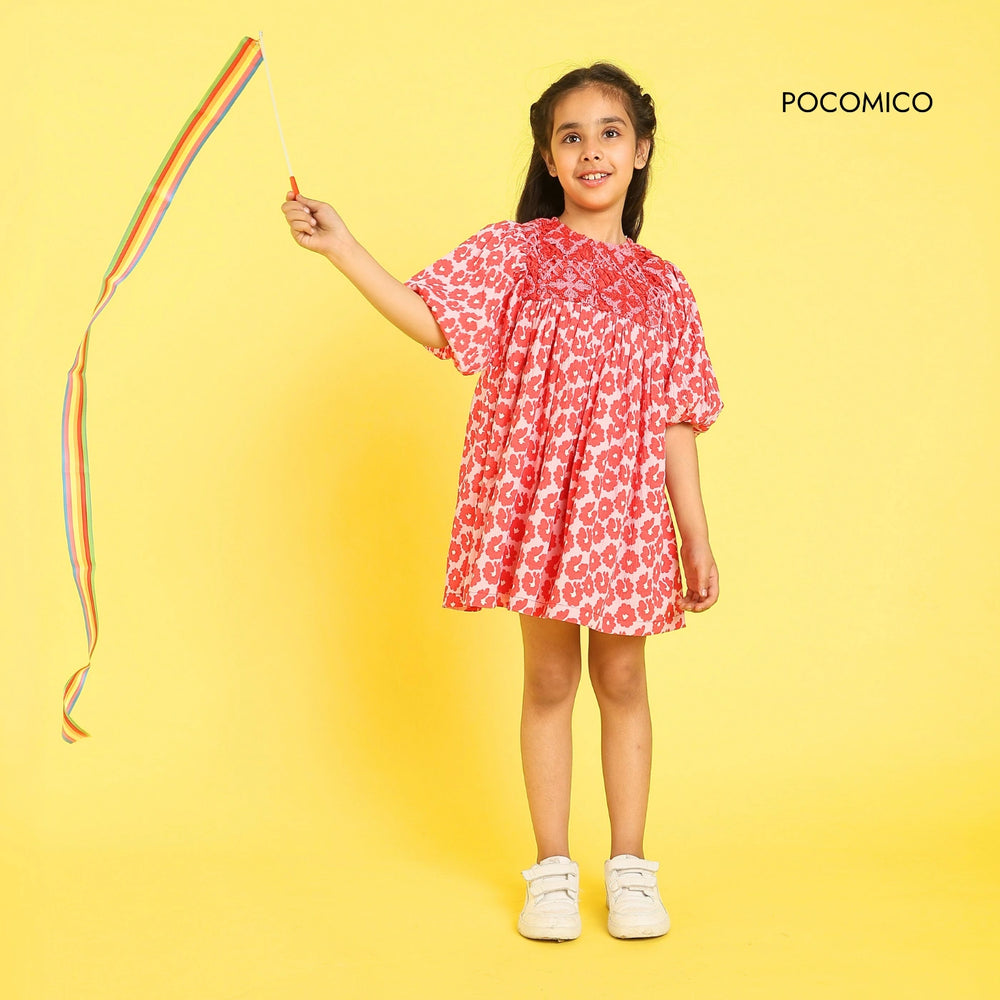 POCOMICO- Crochet Yoke -Embroidery-Dress-red-cotton-girls-casual