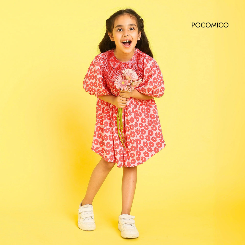 POCOMICO- Crochet Yoke -Embroidery-Dress-red-cotton-girls-casual