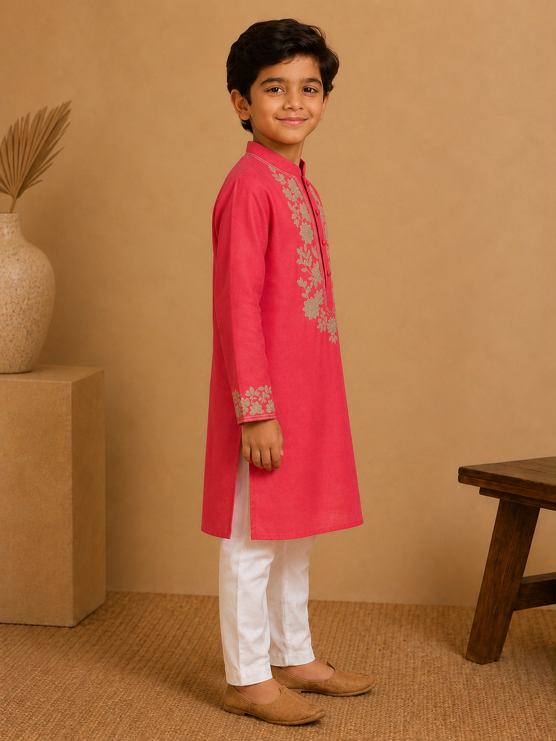 The Dilbaug Kurta Set pairs a vibrant red kurta with intricate floral embroidery, creating a look that feels traditional yet effortlessly contemporary