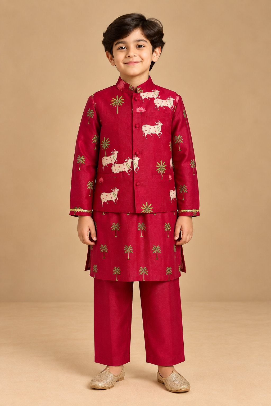 The Laal Gopala Chanderi Jacket Kurta Set brings together the rich warmth of red Chanderi with playful folk-inspired motifs. The ensemble features a vibrant red kurta, layered with a coordinating jacket adorned with charming cow and palm-tree motifs