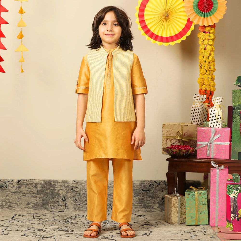 chanderi+kurta+set+yellow+pajama+jacket+threadwork+festive+boy+indianwear+pocomico