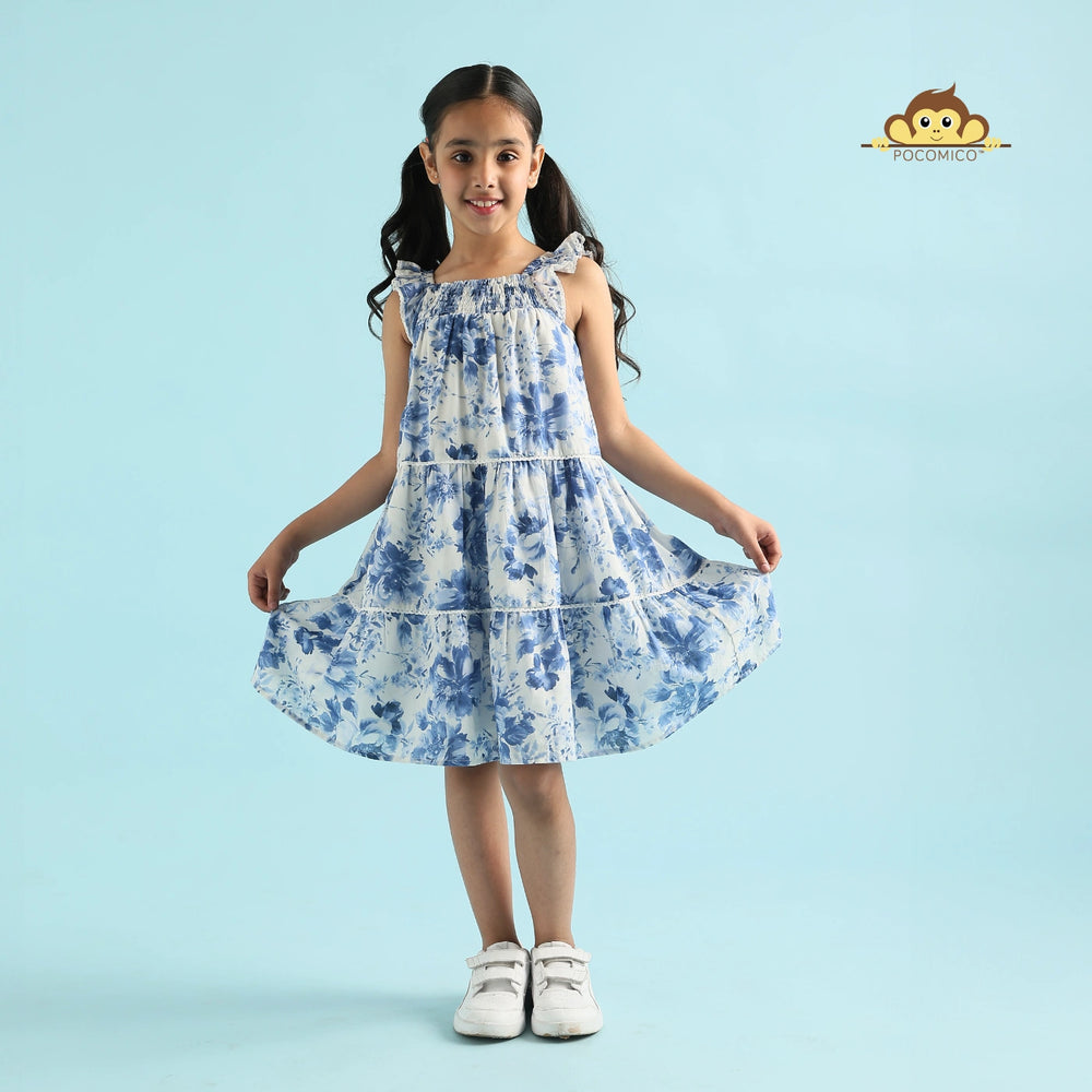 
                  
                    + beautiful + sleeveless + white dress + tiered + blue + floral + design + young girl+ voile + print + a line + blue + white + kids + summer + play + comfy + fun + dreamy + flowy + POCOMICO
                  
                