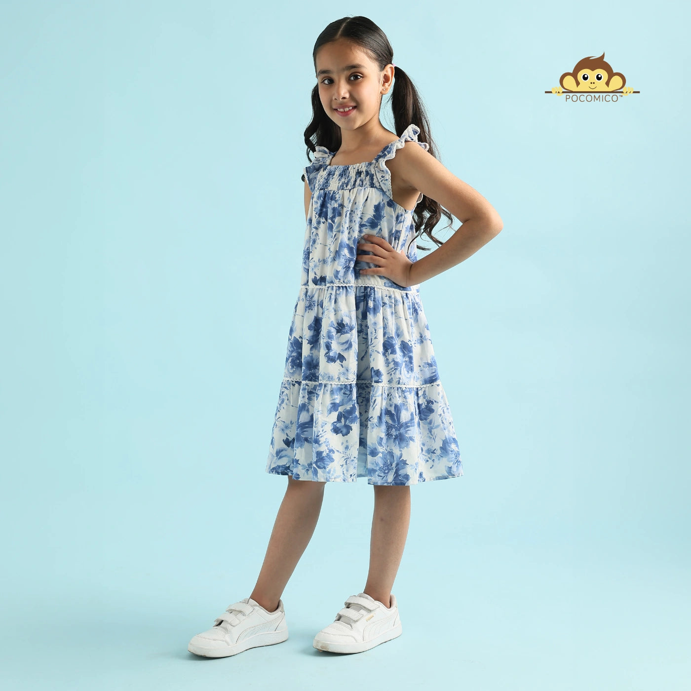 + beautiful + sleeveless + white dress + tiered + blue + floral + design + young girl+ voile + print + a line + blue + white + kids + summer + play + comfy + fun + dreamy + flowy + POCOMICO