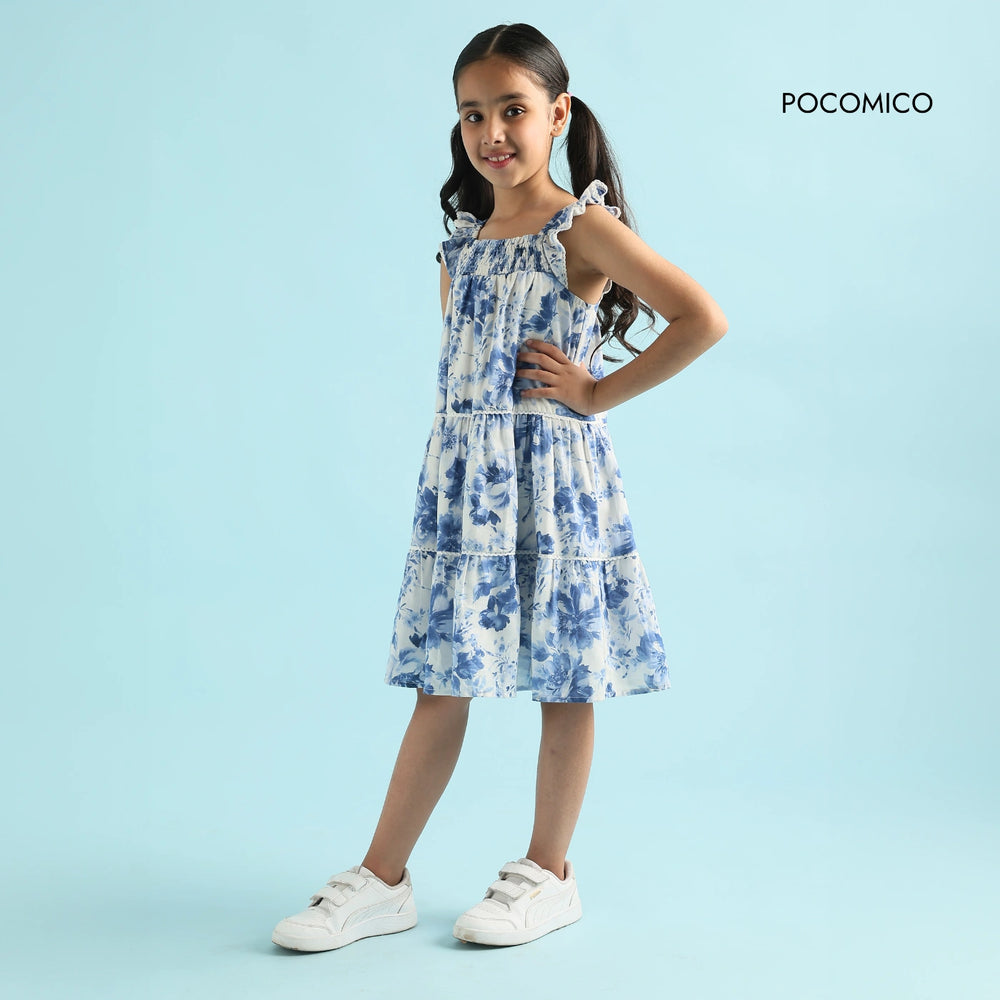 + beautiful + sleeveless + white dress + tiered + blue + floral + design + young girl+ voile + print + a line + blue + white + kids + summer + play + comfy + fun + dreamy + flowy + POCOMICO