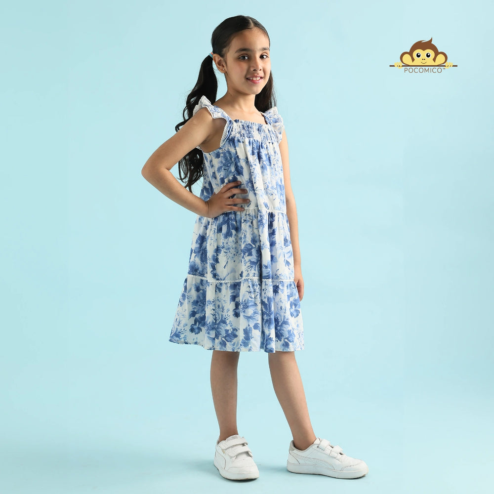 
                  
                    + beautiful + sleeveless + white dress + tiered + blue + floral + design + young girl+ voile + print + a line + blue + white + kids + summer + play + comfy + fun + dreamy + flowy + POCOMICO
                  
                
