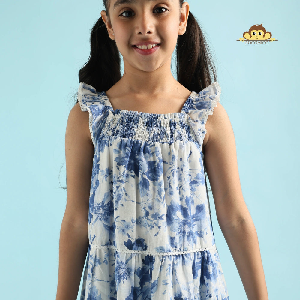 
                  
                    + beautiful + sleeveless + white dress + tiered + blue + floral + design + young girl+ voile + print + a line + blue + white + kids + summer + play + comfy + fun + dreamy + flowy + POCOMICO
                  
                