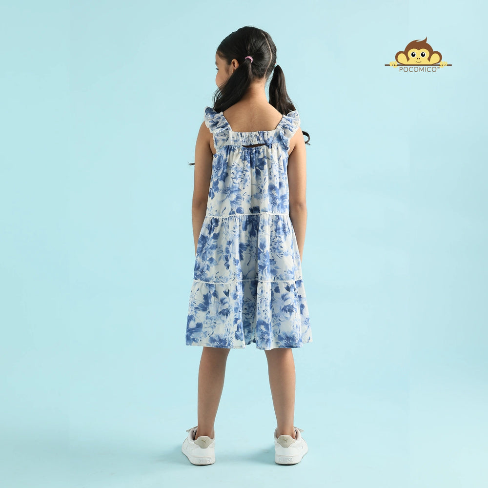 
                  
                    + beautiful + sleeveless + white dress + tiered + blue + floral + design + young girl+ voile + print + a line + blue + white + kids + summer + play + comfy + fun + dreamy + flowy + POCOMICO
                  
                