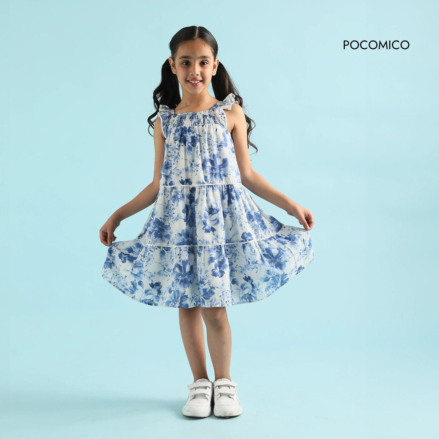 + beautiful + sleeveless + white dress + tiered + blue + floral + design + young girl+ voile + print + a line + blue + white + kids + summer + play + comfy + fun + dreamy + flowy + POCOMICO