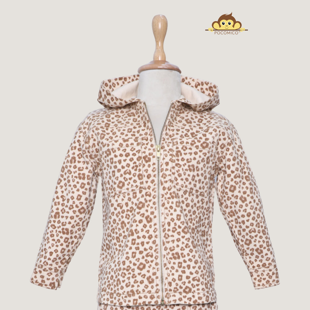 co-ord set + cheetah print + corduroy + thick + soft + warm + comfy + kids + winter + stylish + fun + relaxed fit + hoodie + pants + POCOMICO