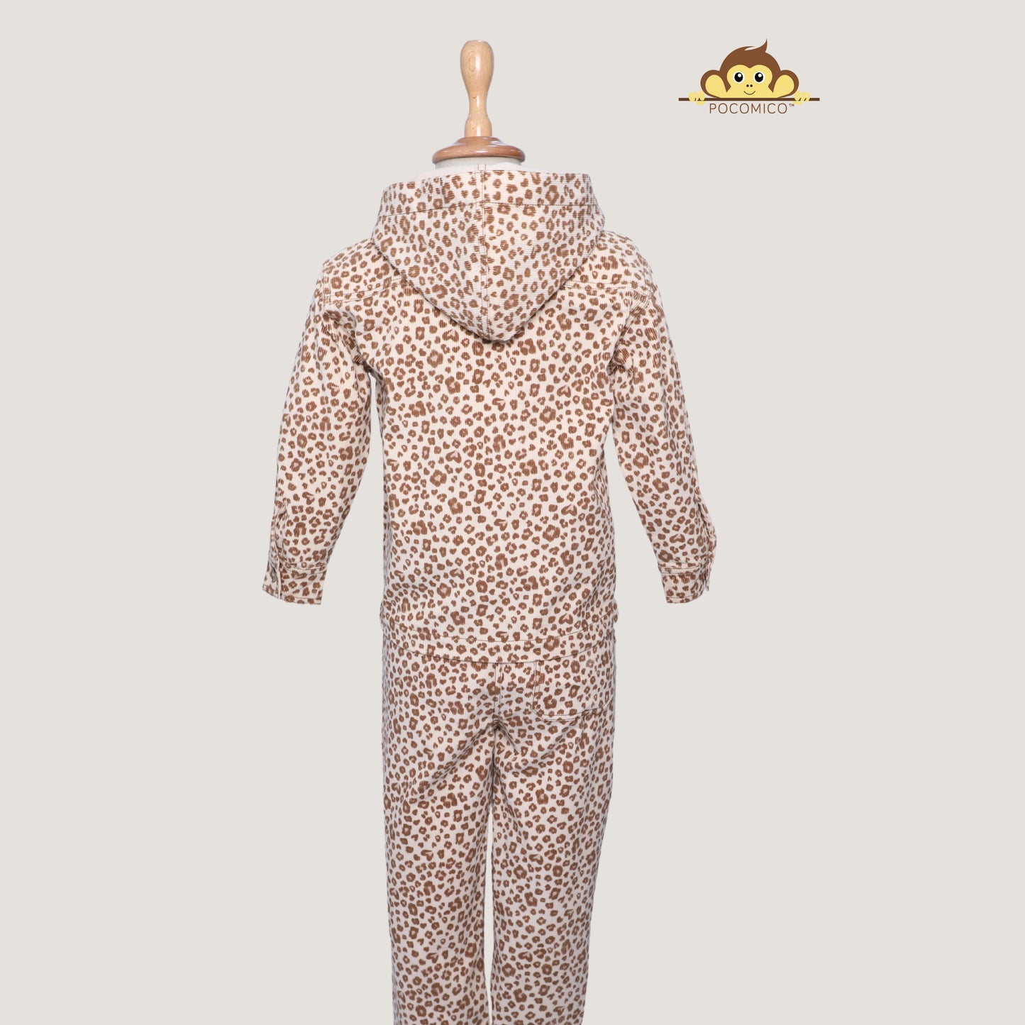 co-ord set + cheetah print + corduroy + thick + soft + warm + comfy + kids + winter + stylish + fun + relaxed fit + hoodie + pants + POCOMICO