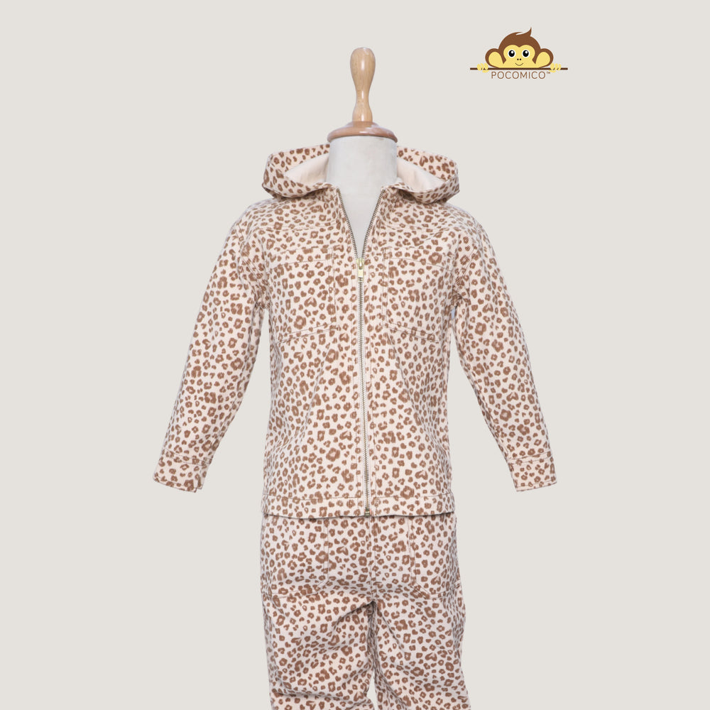 co-ord set + cheetah print + corduroy + thick + soft + warm + comfy + kids + winter + stylish + fun + relaxed fit + hoodie + pants + POCOMICO