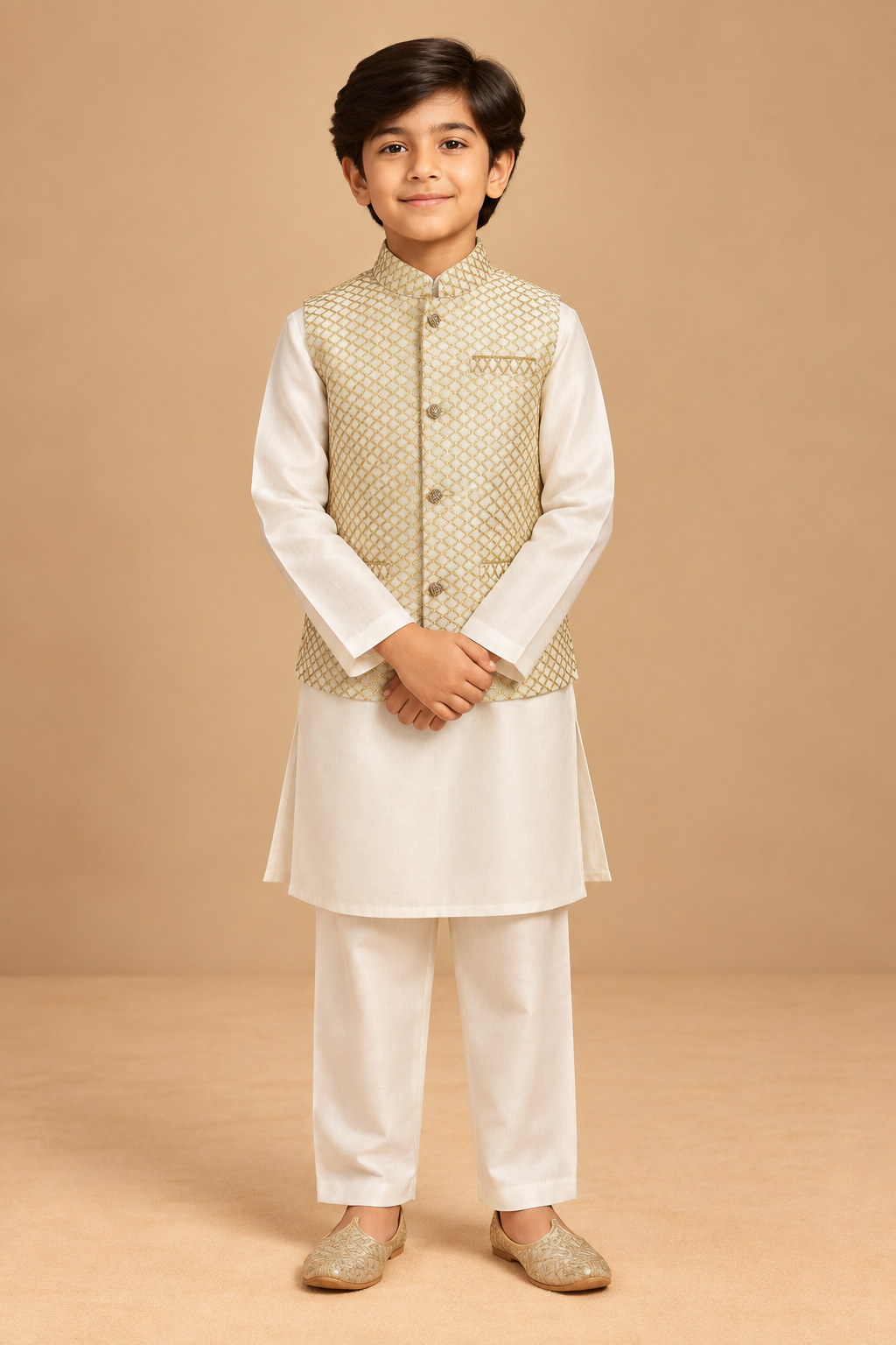 The Chaand Chanderi Kurta Set features a pristine ivory Chanderi kurta layered with a statement embroidered jacket. The jacket is adorned with an intricate gold diamond-pattern weave, creating a subtle shimmer and adding a rich, festive dimension to the monochromatic palette.