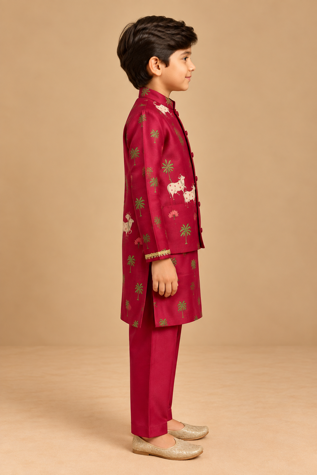 The Laal Gopala Chanderi Jacket Kurta Set brings together the rich warmth of red Chanderi with playful folk-inspired motifs. The ensemble features a vibrant red kurta, layered with a coordinating jacket adorned with charming cow and palm-tree motifs
