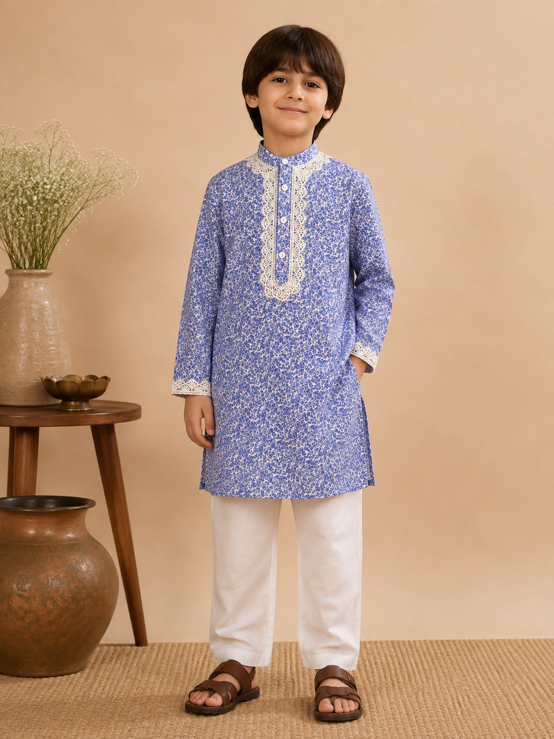 The Summer Lace Kurta Set is crafted from 100% BCI-certified cotton, offering breathability and all-day comfort.