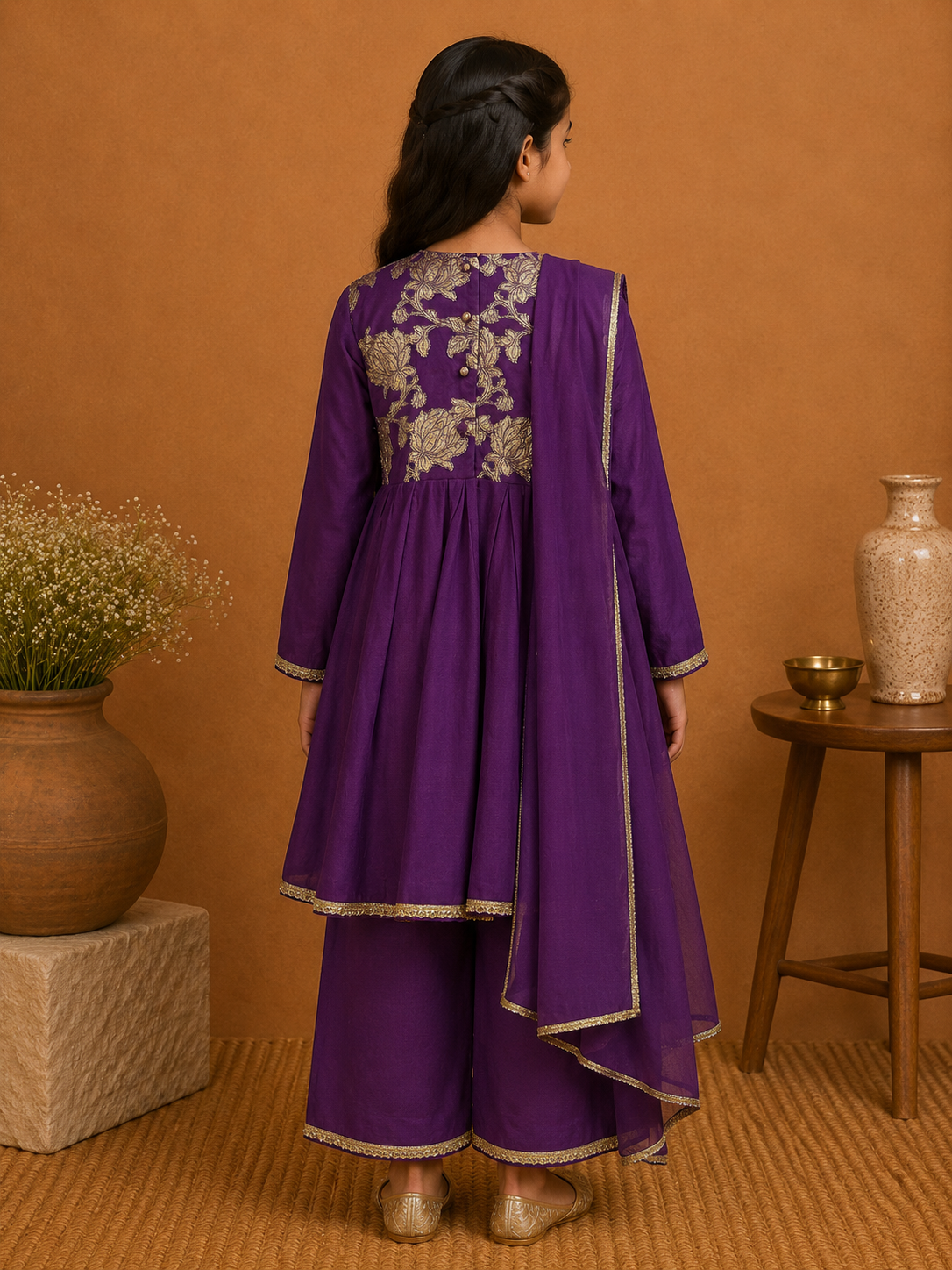 The Jamuni Yolk Suit brings together rich colour, delicate detailing, and the graceful fall of chanderi. 