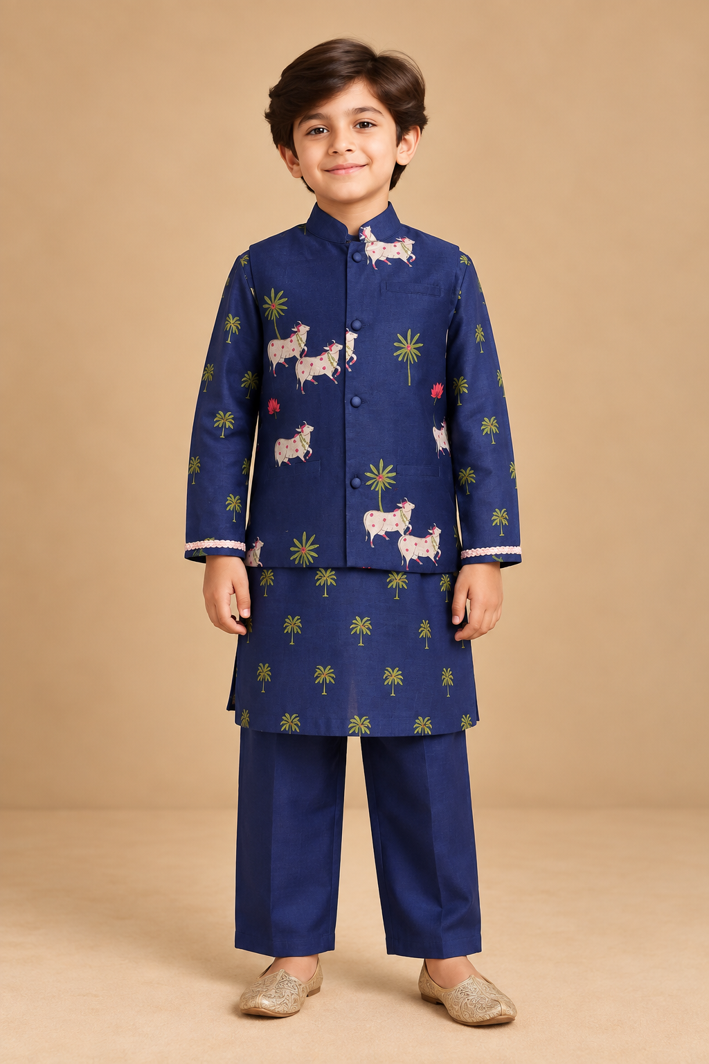 The Neel Gopala Chanderi Jacket Kurta Set pairs the delicate sheen of Chanderi with playful folk-inspired details. The solid blue kurta keeps the look classic and understated, while the coordinating jacket brings it to life with charming cow and palm-tree motifs scattered across the rich blue base.