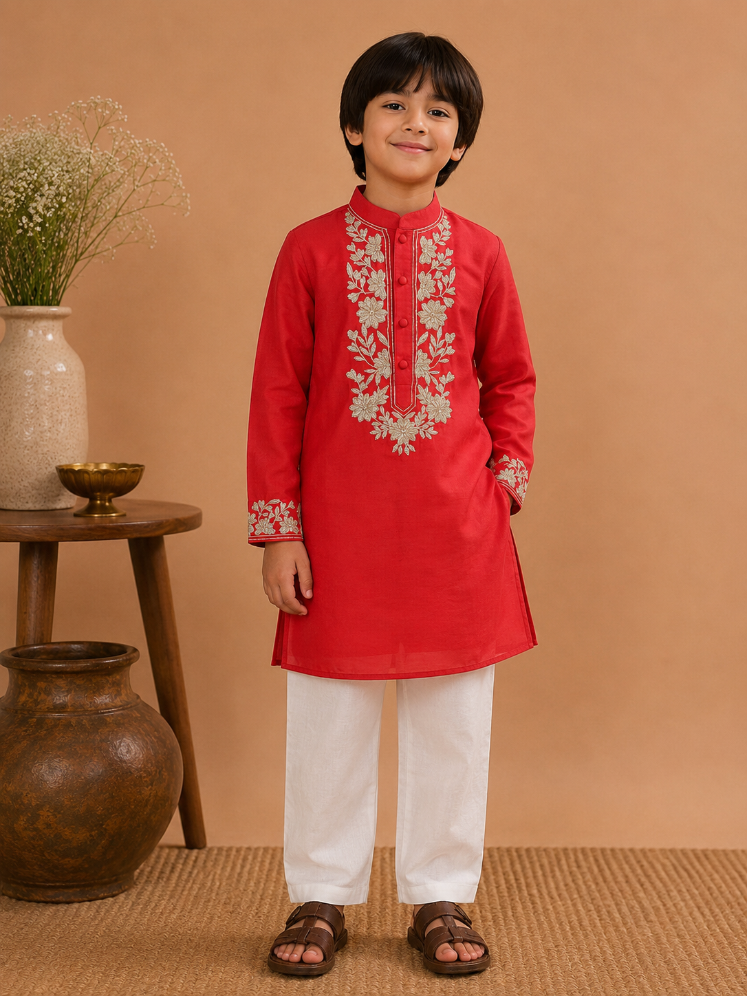 The Dilbaug Kurta Set pairs a vibrant red kurta with intricate floral embroidery, creating a look that feels traditional yet effortlessly contemporary