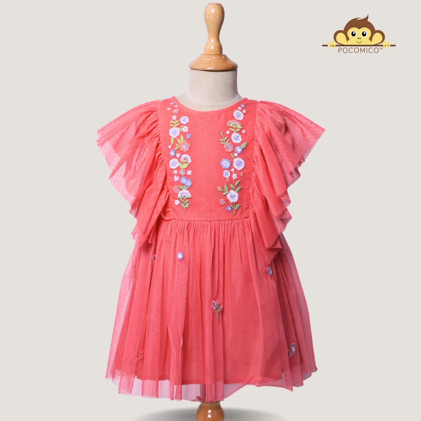 orange+peach+dress+party+birthday+floral+mesh+frill+flowy+girls+POCOMICO