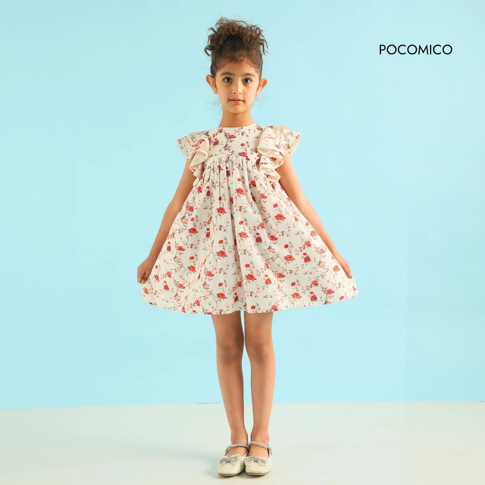 Floral+Grace+Chanderi+Dress+for+Girls+by+Pocomico,Dreamy+Floral+Print+Dress+for+Spring+Adventures,Traditional+Elegance+with+Modern+Comfort,100%+BCI-Certified+Cotton+Lining+for+Breatheability,Perfect+for+Budding+Fashionistas+to+Bloom.