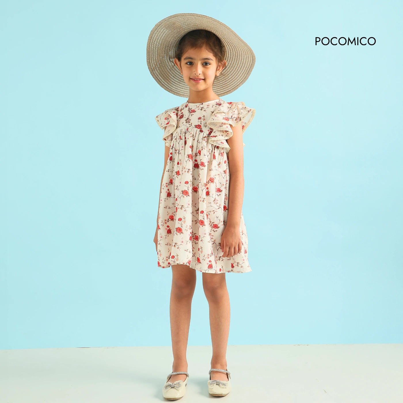 Floral+Grace+Chanderi+Dress+for+Girls+by+Pocomico,Dreamy+Floral+Print+Dress+for+Spring+Adventures,Traditional+Elegance+with+Modern+Comfort,100%+BCI-Certified+Cotton+Lining+for+Breatheability,Perfect+for+Budding+Fashionistas+to+Bloom.