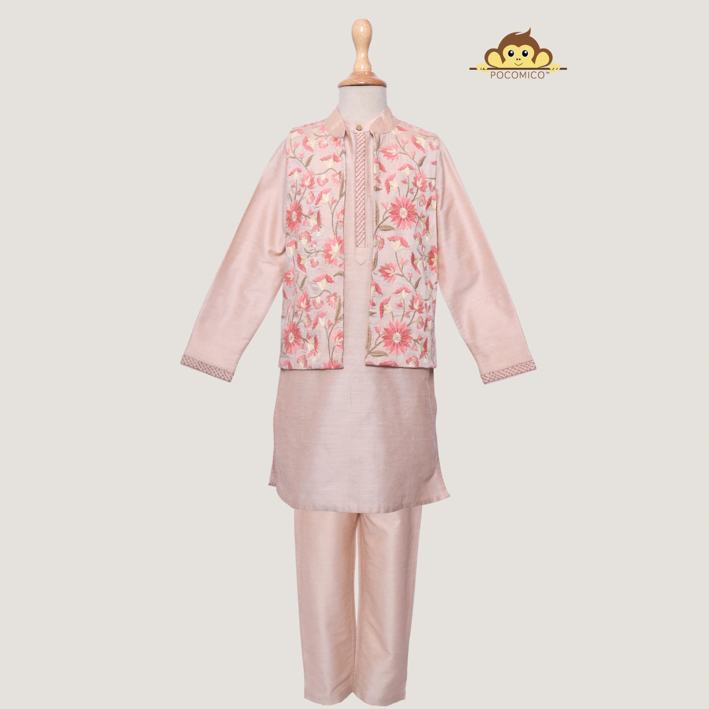 dusky rose-dirty pink-pink-nude-floral-embroidery-kurta-pajama-jacket-boys-indian-ethnic-diwali-pocomico