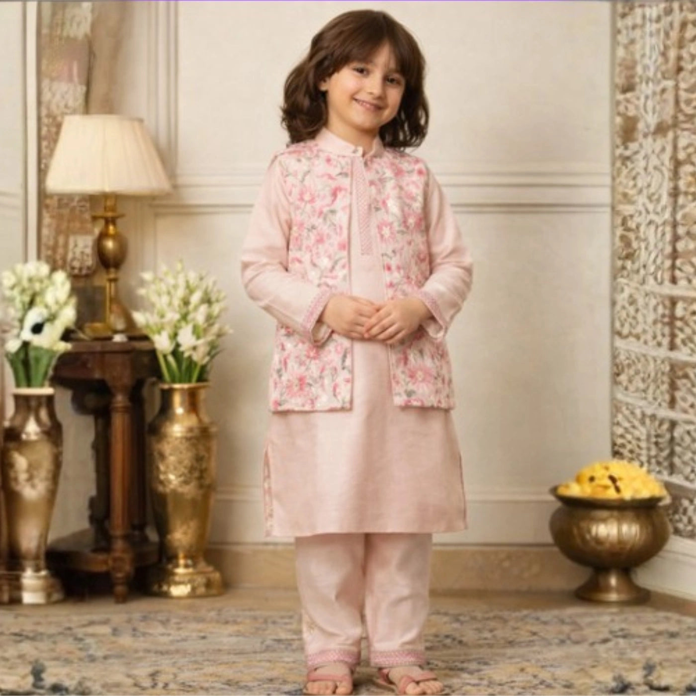 Child wearing a pink traditional outfit with floral patterns in a decorated room.