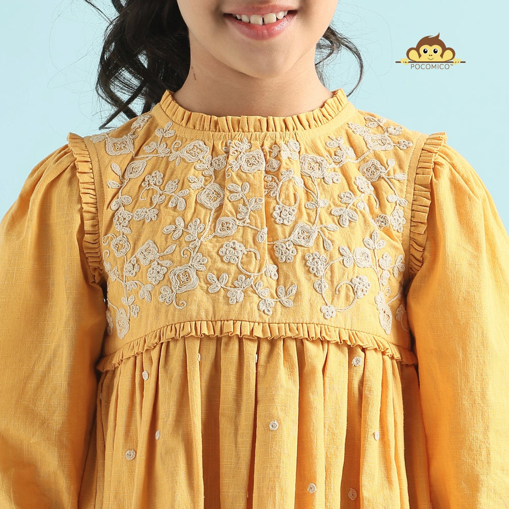 
                  
                    Golden Glow Embroidered Dress" for kids aged 6 months to 11 years, featuring intricate embroidery and a charming design, perfect for festive and special occasions.
                  
                