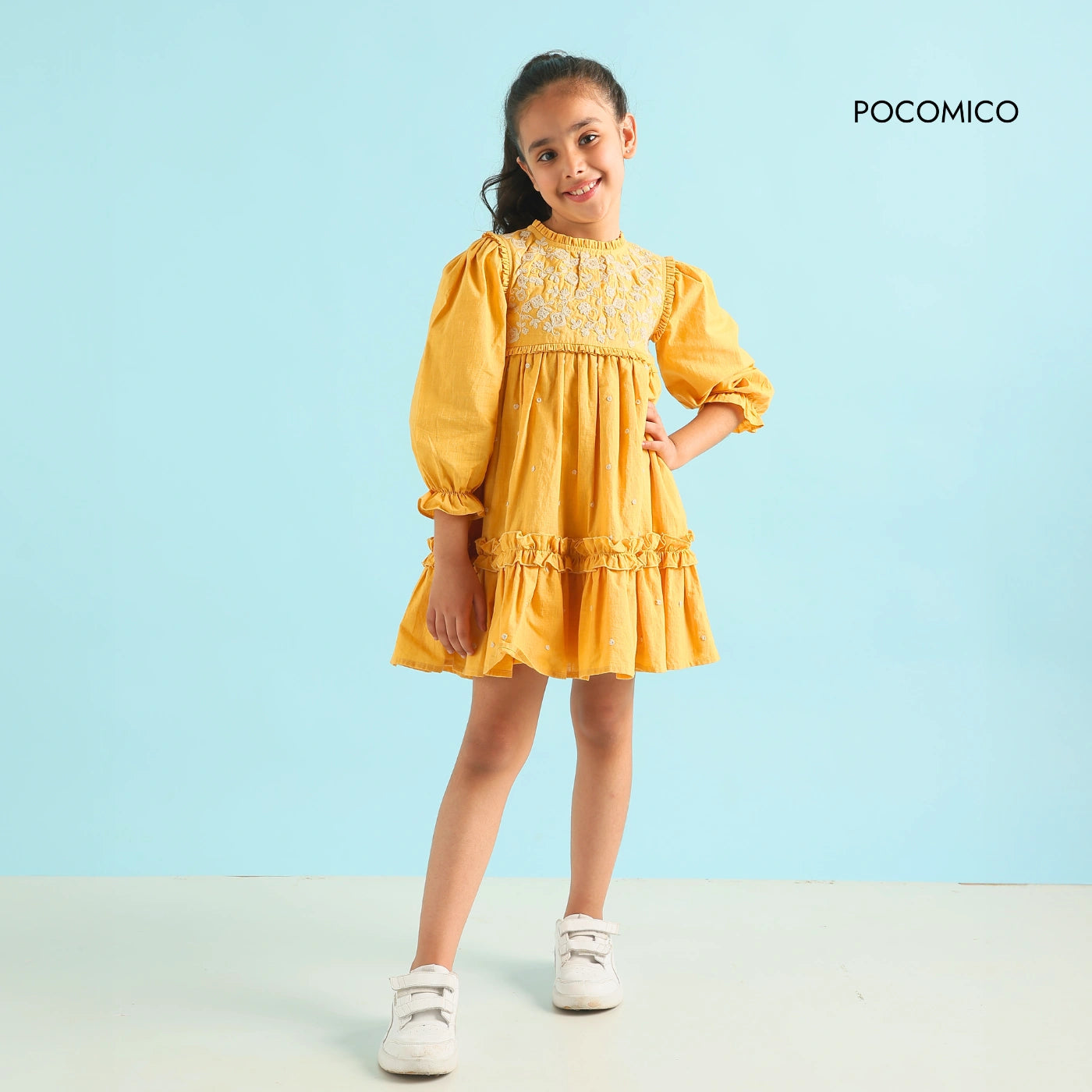 Golden Glow Embroidered Dress" for kids aged 6 months to 11 years, featuring intricate embroidery and a charming design, perfect for festive and special occasions.
