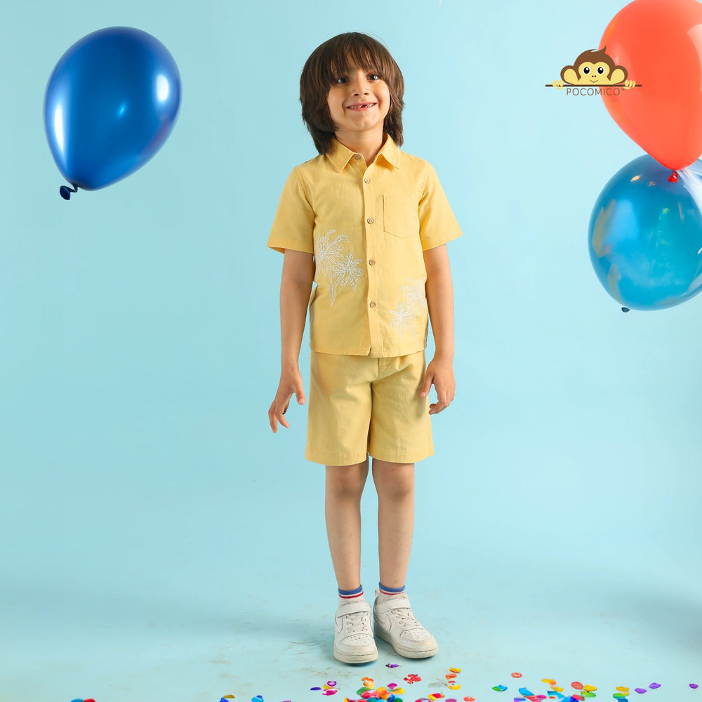 
                  
                    Golden Palm  + Co-ord + Set + kids + yellow + summer + palm + tree + beach + floral + embroidery + formal + shirt + short + sunny + casual + event + dining + play + date + fun + kids + boy + teen + tween + POCOMICO
                  
                