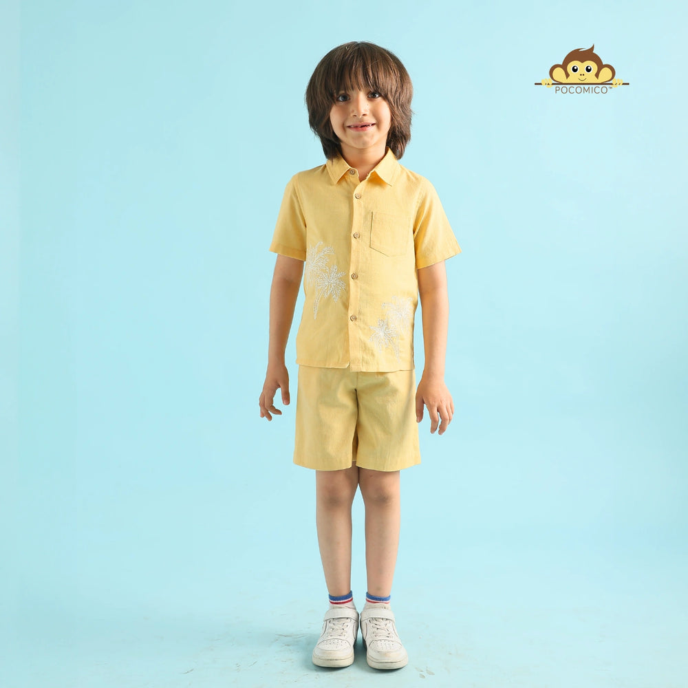 
                  
                    Golden Palm  + Co-ord + Set + kids + yellow + summer + palm + tree + beach + floral + embroidery + formal + shirt + short + sunny + casual + event + dining + play + date + fun + kids + boy + teen + tween + POCOMICO


                  
                
