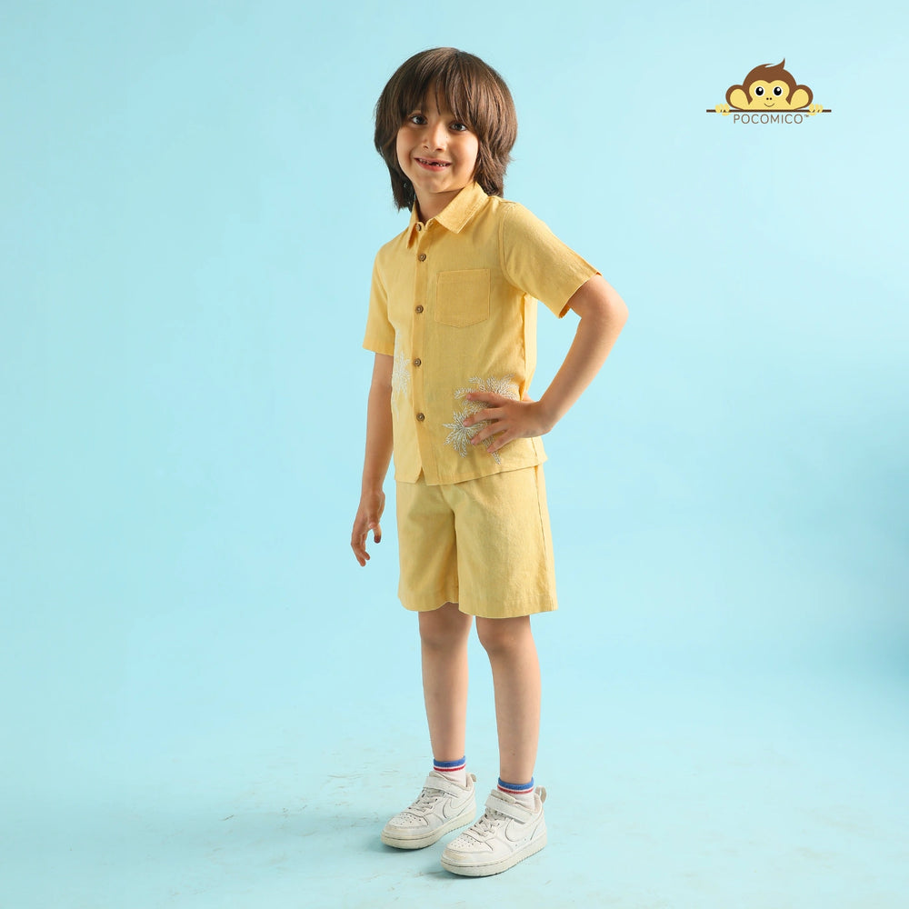
                  
                    Golden Palm  + Co-ord + Set + kids + yellow + summer + palm + tree + beach + floral + embroidery + formal + shirt + short + sunny + casual + event + dining + play + date + fun + kids + boy + teen + tween + POCOMICO

                  
                