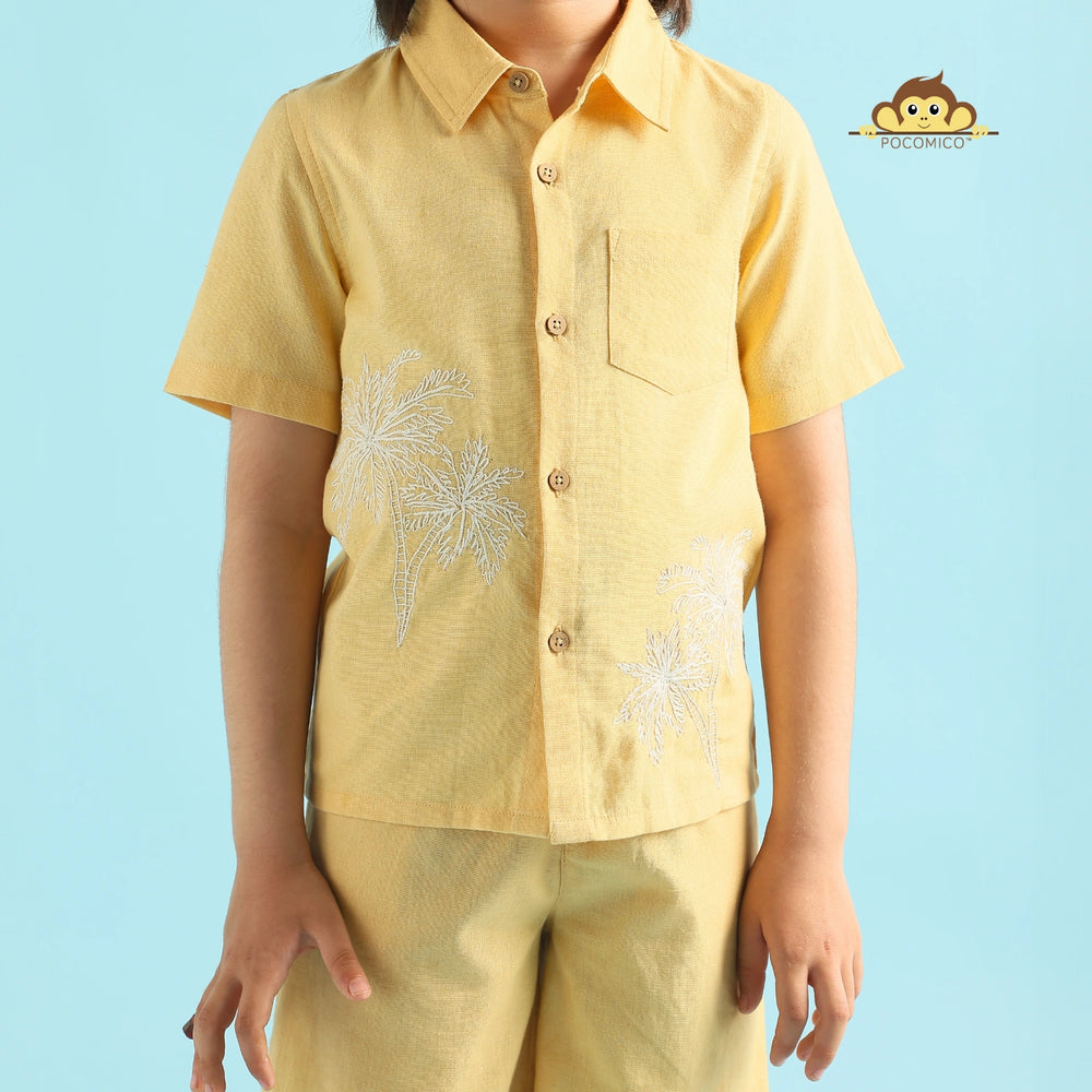 
                  
                    Golden Palm  + Co-ord + Set + kids + yellow + summer + palm + tree + beach + floral + embroidery + formal + shirt + short + sunny + casual + event + dining + play + date + fun + kids + boy + teen + tween + POCOMICO

                  
                