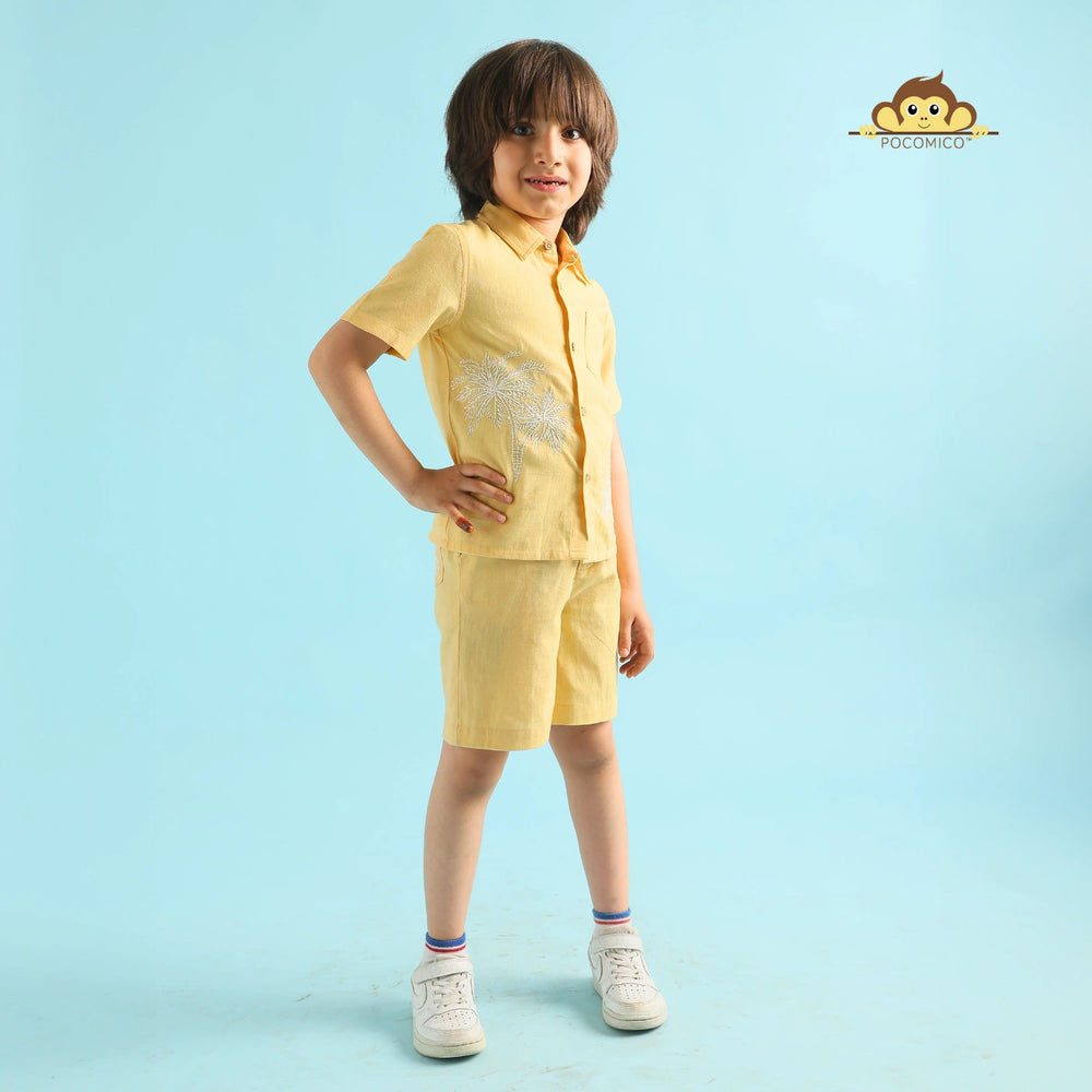 
                  
                    Golden Palm  + Co-ord + Set + kids + yellow + summer + palm + tree + beach + floral + embroidery + formal + shirt + short + sunny + casual + event + dining + play + date + fun + kids + boy + teen + tween + POCOMICO

                  
                