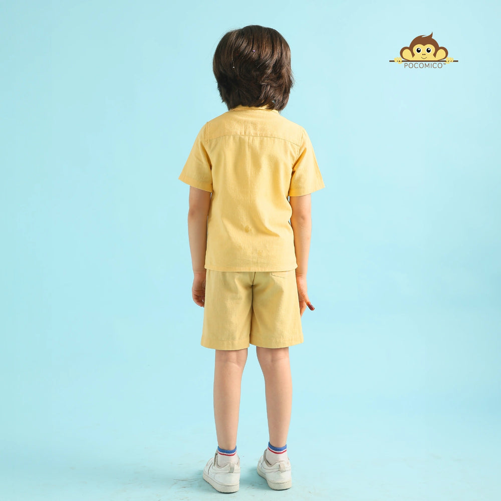 
                  
                    Golden Palm  + Co-ord + Set + kids + yellow + summer + palm + tree + beach + floral + embroidery + formal + shirt + short + sunny + casual + event + dining + play + date + fun + kids + boy + teen + tween + POCOMICO

                  
                