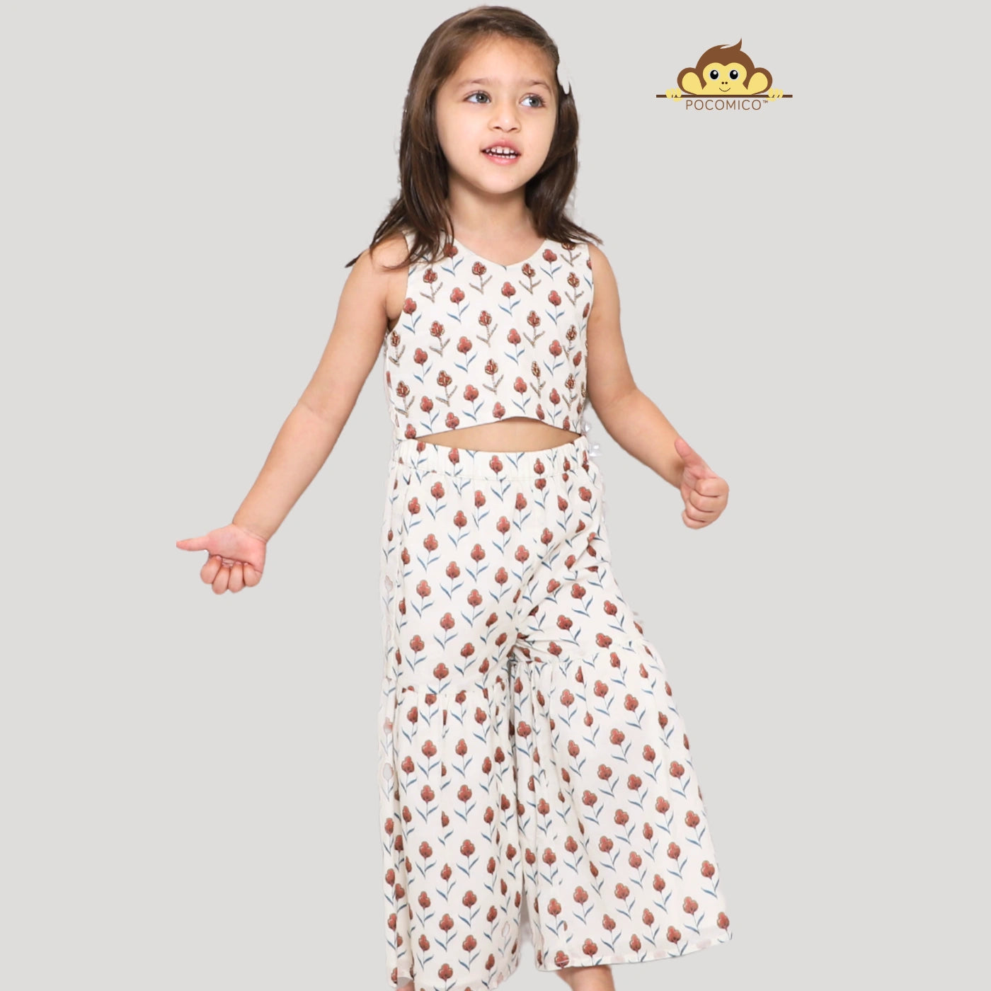  100%+BCI+certified+Cotton+Gulshan+Zari+Kurta+Set+Embroidered+Crop+Top+Sharara+Set+paired+festivewear+weddingwear+soft+floral+pajama+cotton+beautiful+comfortable+perfect+pink+POCOMICO

