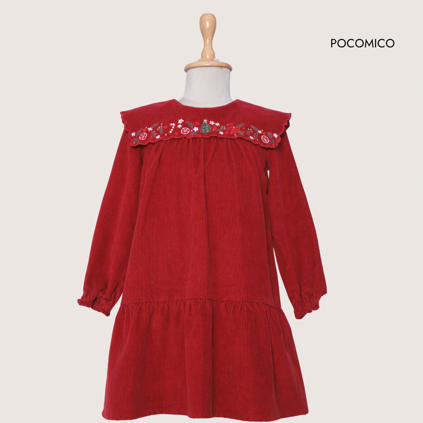 Red+dress+floral+embroider+yPOCOMICO+corduroy+winter+dress+girl+christmas+dress+flare