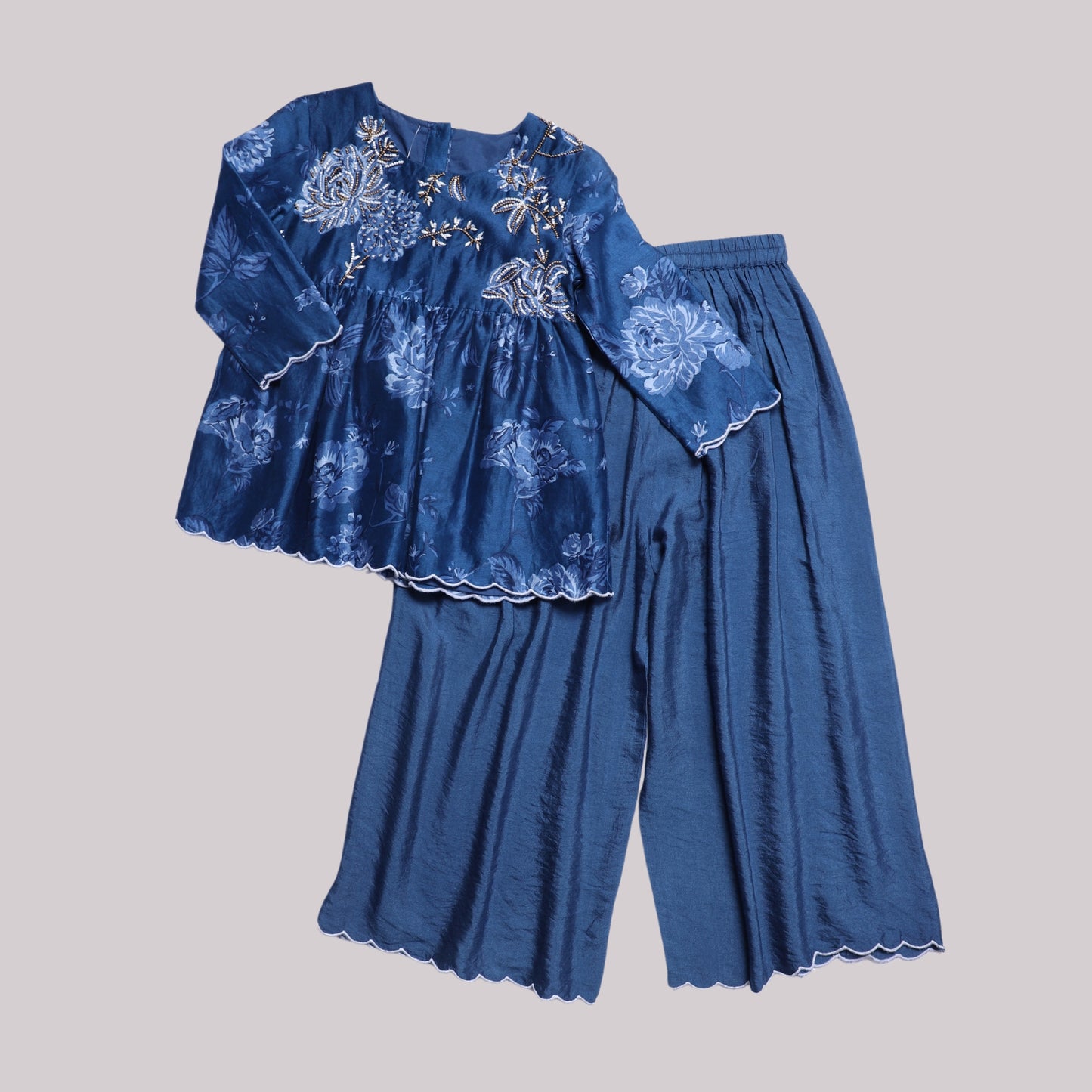 indigo-palazzo set-top-kurta-blue-bead work-floral-chanderi-cotton-pocomico