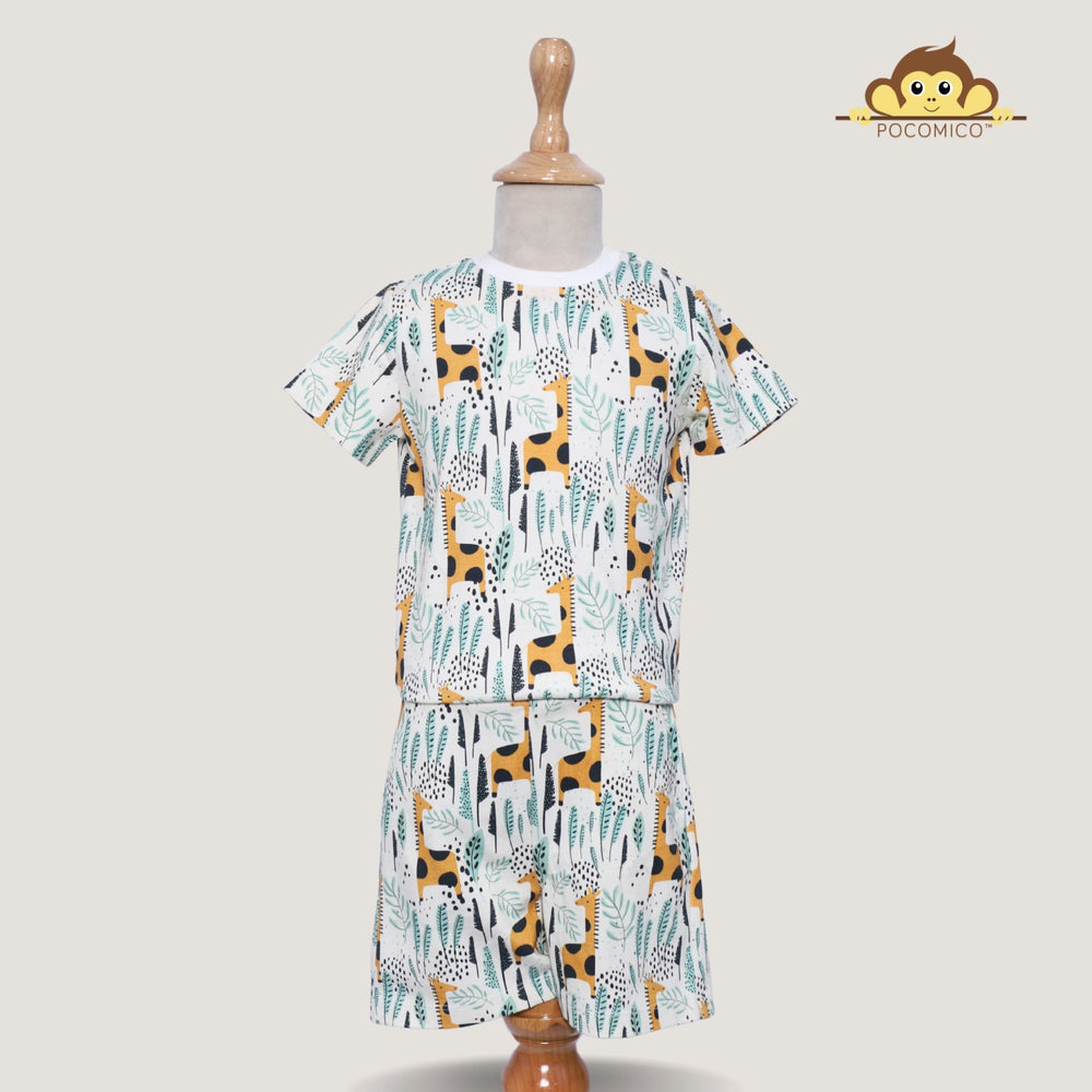 kids giraffe print co-ord set, boys jungle theme outfit, cotton jersey boys clothing, PocoMico animal print kidswear, giraffe printed t-shirt and shorts, summer co-ord set for boys, boys casual animal outfit, comfy kids adventure clothing