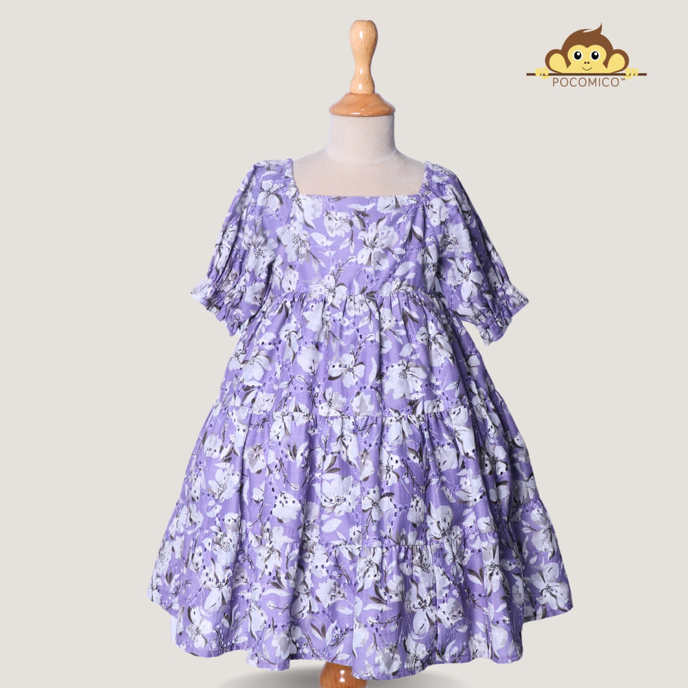 lilac + floral + printed + dress + schiffi + cut work + lace + a line + tier + ruffle + summer + fun + casual + play + date + event + girl + kids + comfy + cotton + cambric + POCOMICO