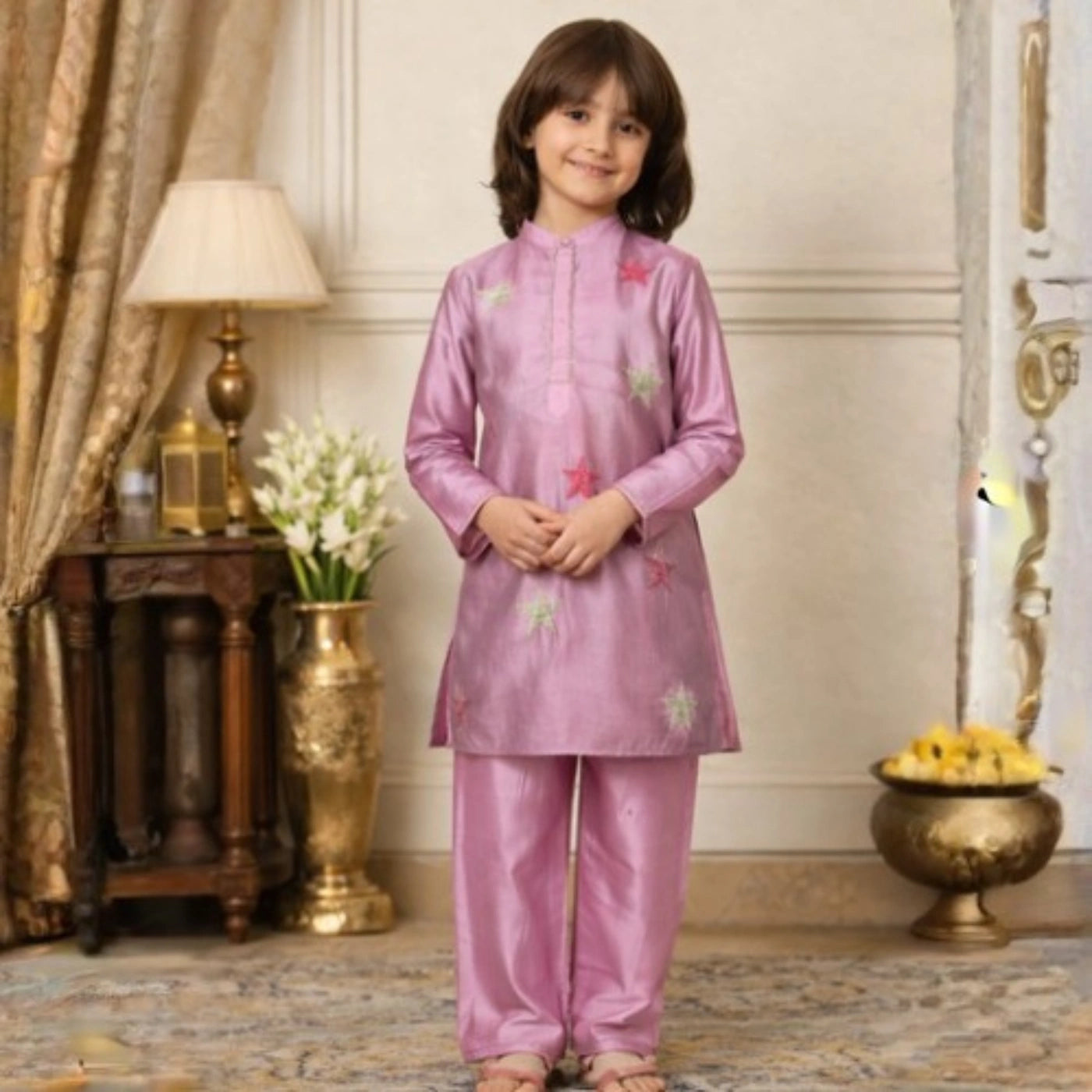 Child wearing a pink traditional outfit in a decorated room.