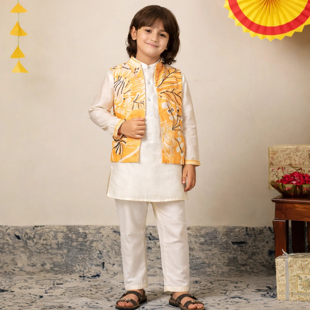 Child wearing a traditional outfit with a yellow vest in a decorated room, Maharaja Kurta & Jacket Set
